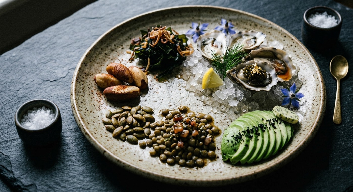 A plate of mineral-rich foods: Brazil nuts, oysters, seaweed, pumpkin seeds, lentils, and sliced avocado